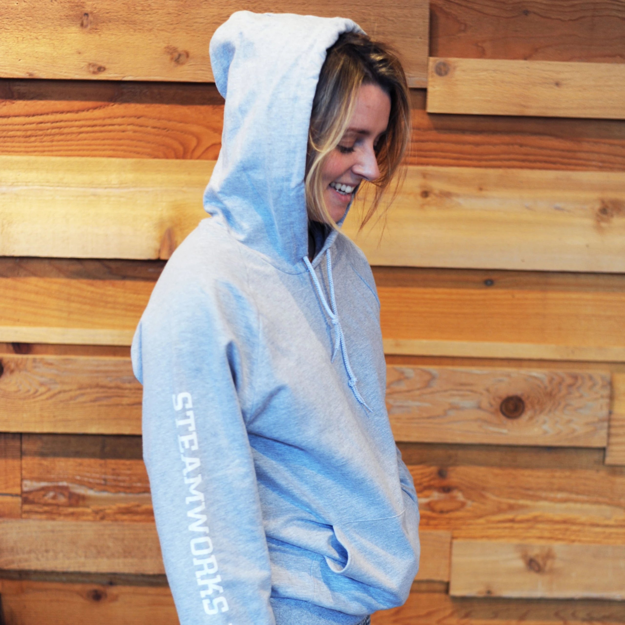 Pullover Hoodie Light Grey White Letters Steamworks Taproom Burnaby
